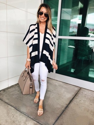White Horizontal Striped Open Cardigan Outfits For Women: 