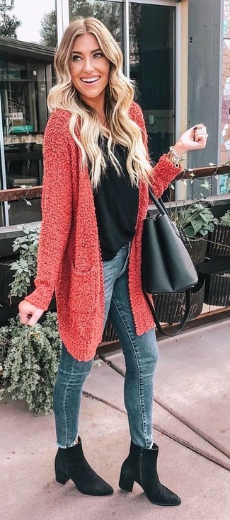 Women's Black Suede Ankle Boots, Blue Skinny Jeans, Black Tank, Red Textured Open Cardigan