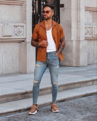 Tobacco Short Sleeve Shirt Outfits For Men: 