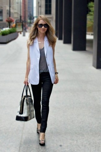 Women's Black Leather Pumps, Black Leather Skinny Jeans, Grey Tank, White Sleeveless Blazer