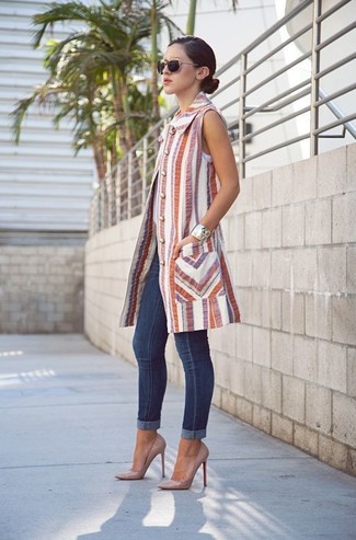 Women's Beige Leather Pumps, Navy Skinny Jeans, White Tank, Multi colored Vertical Striped Sleeveless Coat