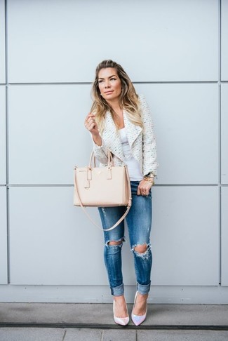 Beige Leather Tote Bag Outfits: 