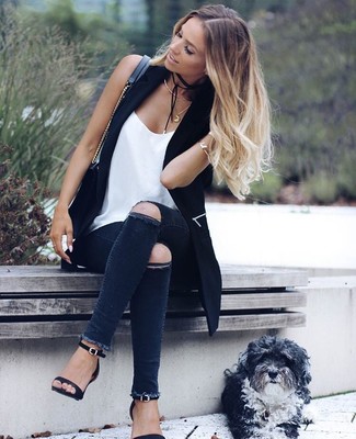 Women's Black Leather Heeled Sandals, Charcoal Ripped Skinny Jeans, White Silk Tank, Black Vest