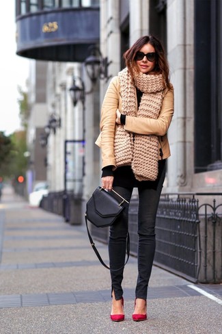 Tan Leather Biker Jacket Outfits For Women: 