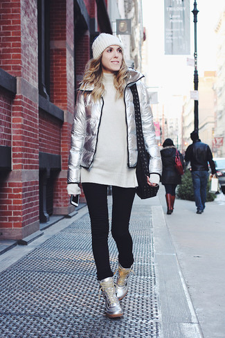 Women's Silver Leather High Top Sneakers, Black Skinny Jeans, White Knit Wool Tunic, Silver Puffer Jacket