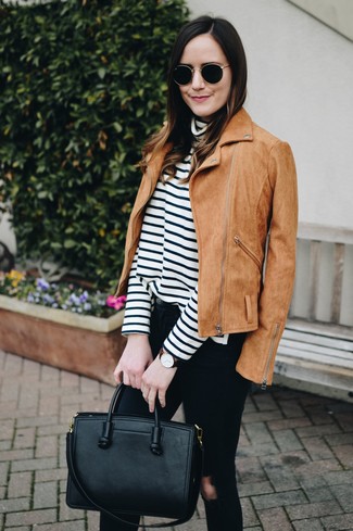 Tan Suede Biker Jacket Outfits For Women: 