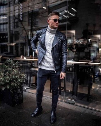 Grey Knit Wool Turtleneck Outfits For Men: 