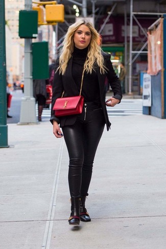 Ashley Benson wearing Black Leather Ankle Boots, Black Leather Skinny Jeans, Black Turtleneck, Black Blazer