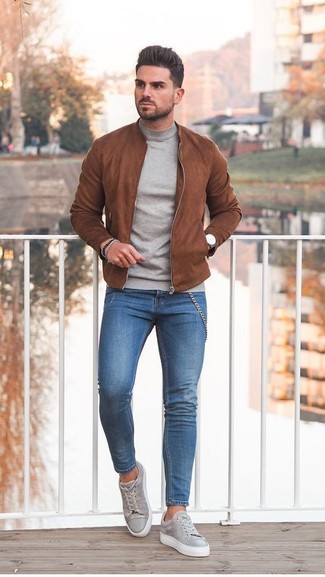 Brown Suede Bomber Jacket Outfits For Men: 