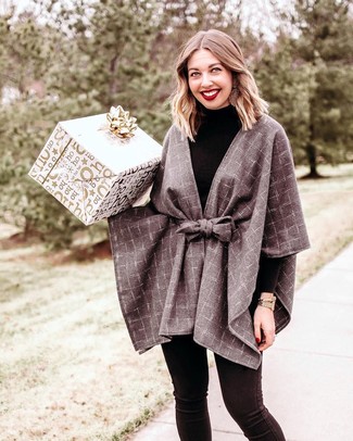 Grey Check Cape Coat Outfits: 
