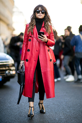 Red Leather Coat Outfits For Women: 