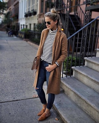 Women's Brown Leather Loafers, Navy Ripped Skinny Jeans, White and Black Horizontal Striped Turtleneck, Camel Coat