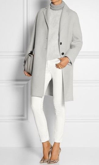 Women's Beige Snake Leather Pumps, White Skinny Jeans, Grey Knit Turtleneck, Grey Coat