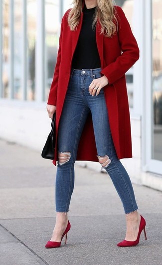 Women's Red Suede Pumps, Navy Ripped Skinny Jeans, Black Turtleneck, Red Coat