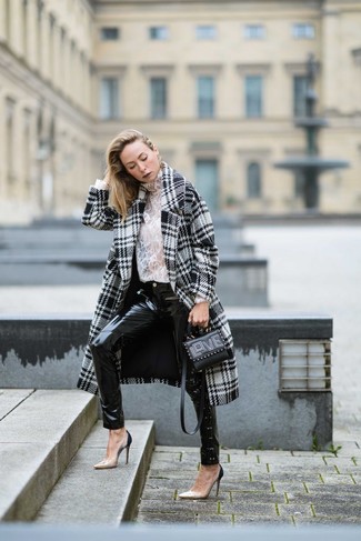 Women's Beige Leather Pumps, Black Leather Skinny Jeans, White Lace Turtleneck, White and Black Houndstooth Coat
