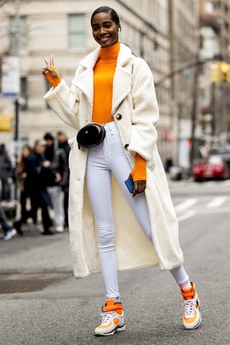 Women's Orange High Top Sneakers, White Skinny Jeans, Orange Turtleneck, White Fleece Coat