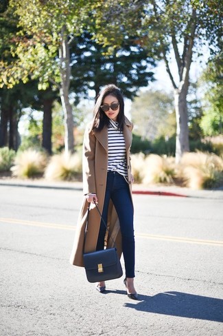 White and Navy Horizontal Striped Turtleneck Outfits For Women: 