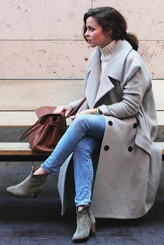 Women's Grey Suede Ankle Boots, Blue Skinny Jeans, Beige Turtleneck, Grey Coat