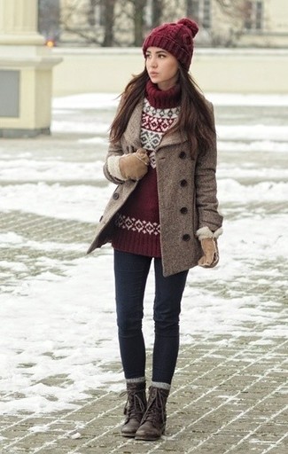 Dark Brown Leather Lace-up Flat Boots Outfits For Women: 