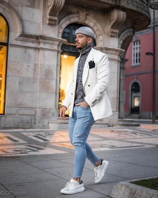 Men's White and Navy Leather Low Top Sneakers, Light Blue Skinny Jeans, Charcoal Knit Wool Turtleneck, White Double Breasted Blazer