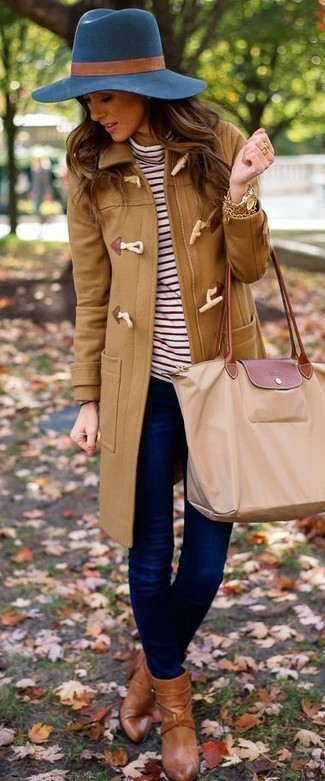 Women's Brown Leather Ankle Boots, Navy Skinny Jeans, White Horizontal Striped Turtleneck, Camel Duffle Coat