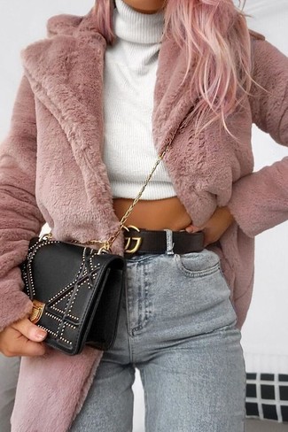 Women's Black Embellished Crossbody Bag, Grey Skinny Jeans, White Knit Turtleneck, Pink Fur Coat