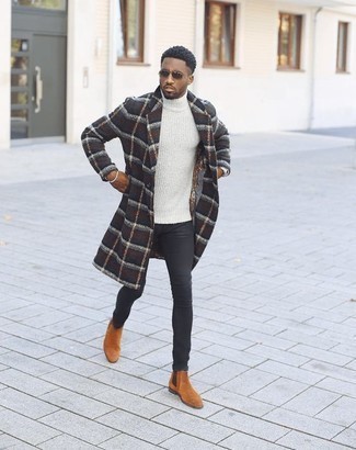 Men's Tobacco Suede Chelsea Boots, Black Skinny Jeans, White Knit Turtleneck, Navy Plaid Overcoat