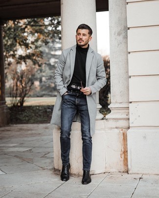 Navy Skinny Jeans with Grey Overcoat Fall Outfits: 