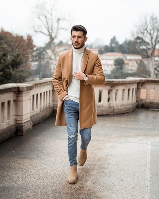 Men's Tan Suede Chelsea Boots, Blue Ripped Skinny Jeans, White Turtleneck, Camel Overcoat