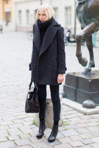 Charcoal Pea Coat Outfits For Women: 
