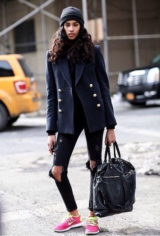 Navy Pea Coat with Skinny Jeans Outfits: 