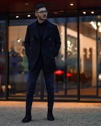 Navy Pea Coat with Navy Skinny Jeans Outfits: 