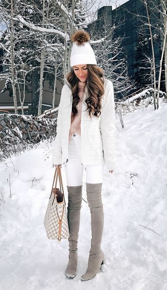 Women's Grey Suede Over The Knee Boots, White Skinny Jeans, Pink Knit Turtleneck, White Puffer Coat