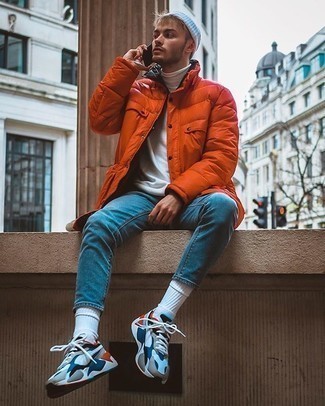 Orange Puffer Coat Outfits For Men: 