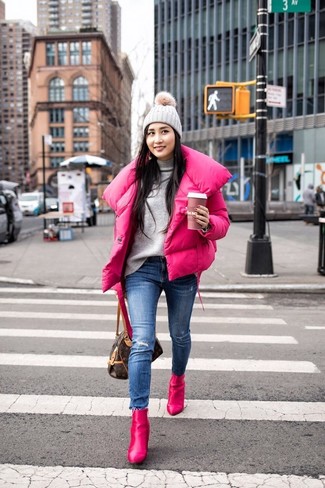 Women's Hot Pink Leather Ankle Boots, Blue Ripped Skinny Jeans, Grey Turtleneck, Hot Pink Puffer Jacket
