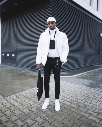 Men's White Leather Low Top Sneakers, Black Skinny Jeans, White Turtleneck, White Puffer Jacket