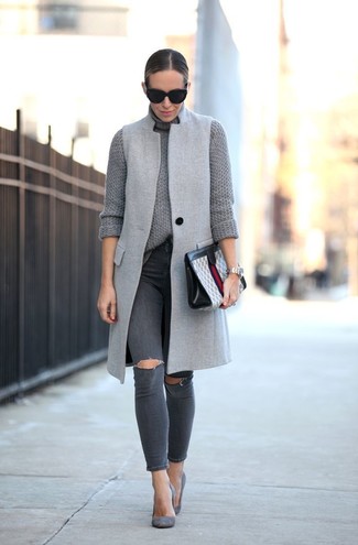 Women's Grey Suede Pumps, Charcoal Ripped Skinny Jeans, Grey Knit Turtleneck, Grey Sleeveless Coat