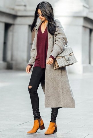 Women's Tobacco Suede Chelsea Boots, Black Ripped Skinny Jeans, Burgundy V-neck Sweater, Grey Coat