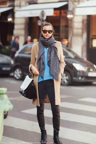 Blue V-neck Sweater with Coat Outfits For Women: 