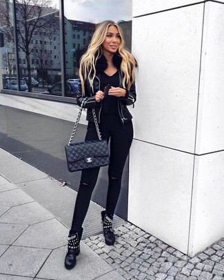 Black Studded Leather Ankle Boots Outfits: 