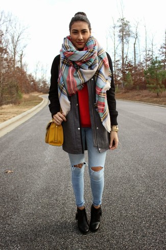 Women's Black Leather Ankle Boots, Light Blue Ripped Skinny Jeans, Red V-neck Sweater, Charcoal Varsity Jacket