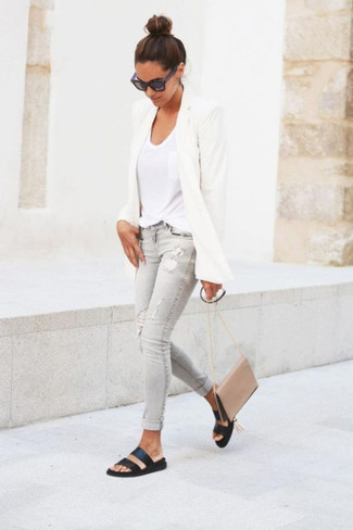 Women's Black Leather Flat Sandals, Grey Ripped Skinny Jeans, White V-neck T-shirt, White Blazer