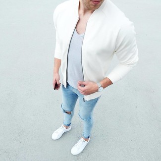 White Low Top Sneakers with Bomber Jacket Outfits For Men: 