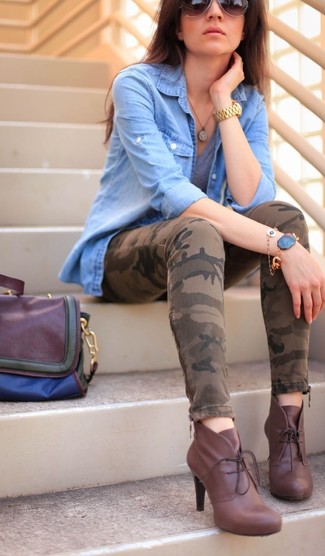 Women's Burgundy Leather Lace-up Ankle Boots, Brown Camouflage Skinny Jeans, Grey V-neck T-shirt, Light Blue Denim Shirt