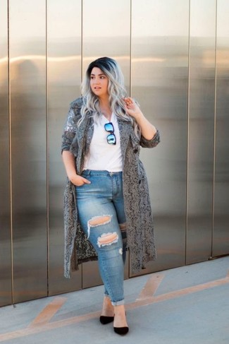Women's Black Suede Pumps, Blue Ripped Skinny Jeans, White V-neck T-shirt, Grey Lace Duster Coat