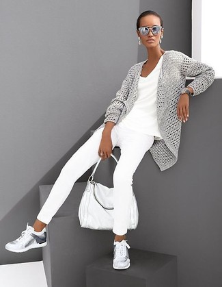 Women's Silver Athletic Shoes, White Skinny Jeans, White V-neck T-shirt, Grey Knit Open Cardigan