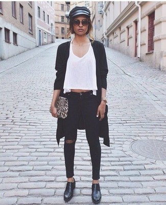 Women's Black Leather Platform Loafers, Black Ripped Skinny Jeans, White V-neck T-shirt, Black Open Cardigan