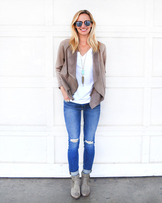Grey Leather Open Jacket Outfits For Women: 