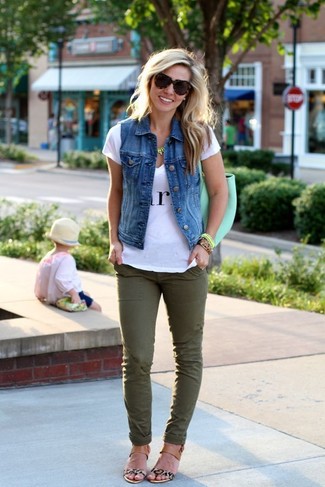 Women's Beige Leopard Leather Flat Sandals, Olive Skinny Jeans, White and Black Print V-neck T-shirt, Blue Denim Vest