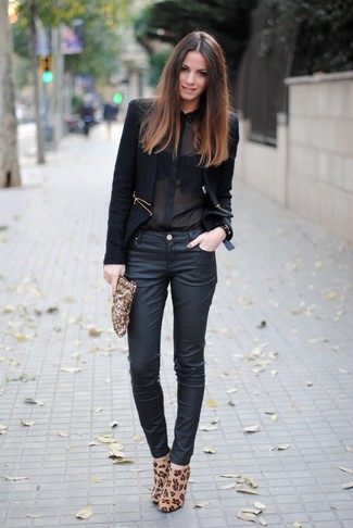 Women's Tan Leopard Ankle Boots, Black Leather Skinny Pants, Black Silk Button Down Blouse, Black Tweed Blazer